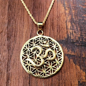 Gold Om Flower of Life Sacred Geometry Pendant Necklace