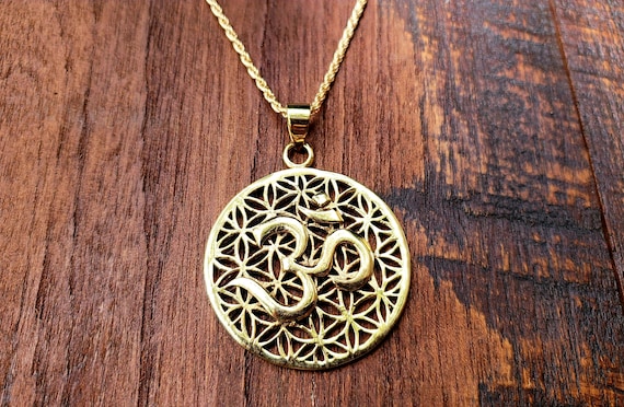 Gold Om Flower of Life Sacred Geometry Pendant Ne… - image 1