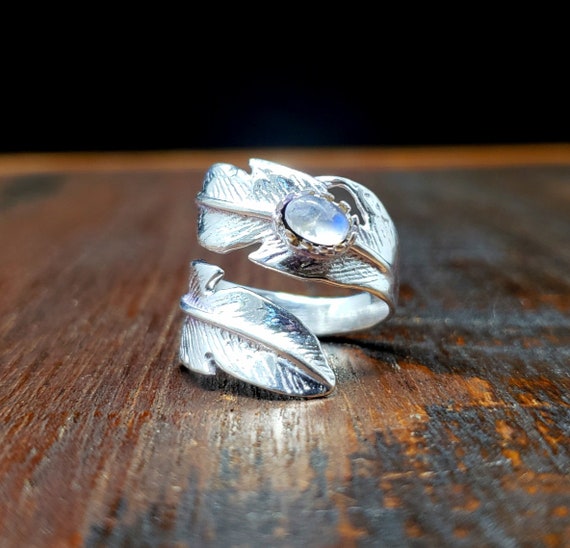 Moonstone Silver Feather Adjustable Ring Bohemian… - image 1