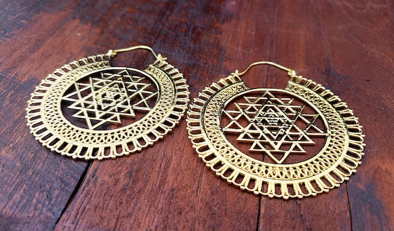 Large Gold Sacred Geometry Shri Yantra Earrings - image 2