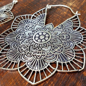 Large Silver Lotus Mandala Earrings