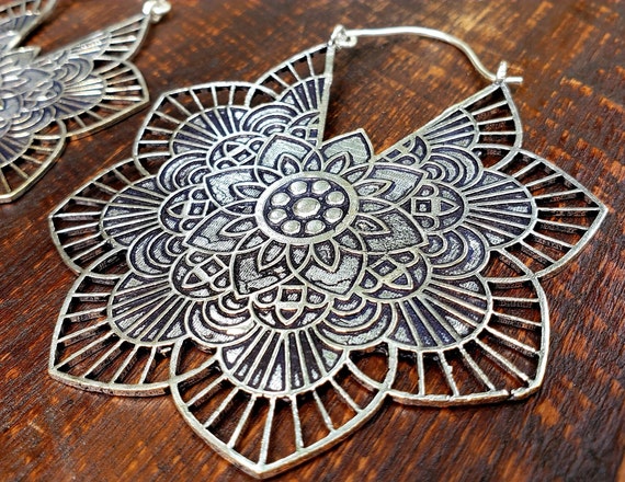 Large Silver Lotus Mandala Earrings - image 1