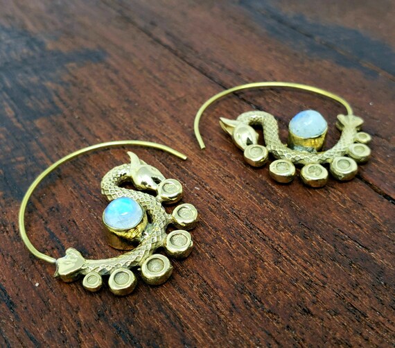 Gold Moonstone Dancing Dragon Threader Earrings - image 1
