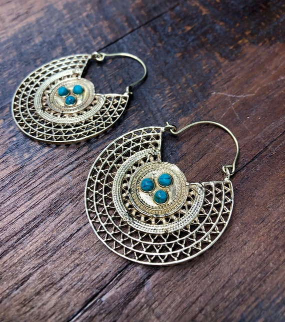 Gold Turquoise Shield Earrings - Bohemian Boho Br… - image 2