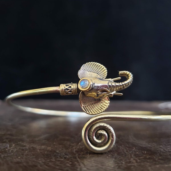 Gold Elephant Moonstone Arm Cuff Brass Swirl Tribal Gypsy Festival Boho Jewelry