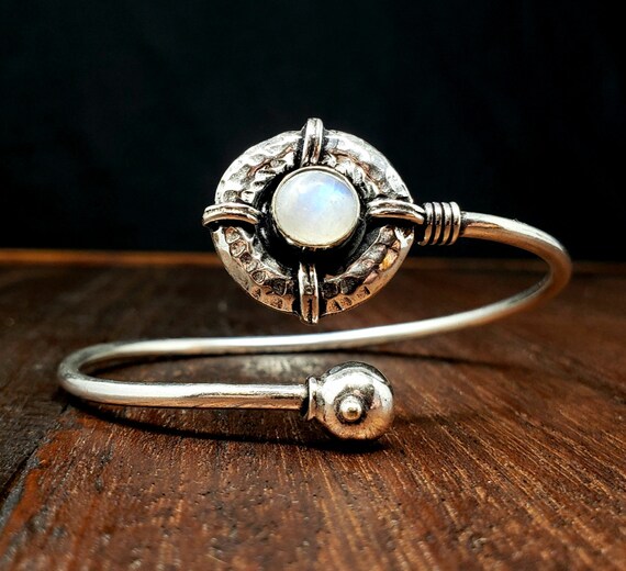 Silver Rainbow Moonstone Shield Adjustable Bangle… - image 2