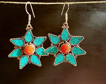 Asian  sterling silver earrings Tibetan Turquoise and coral Tibetan jewelry E2 