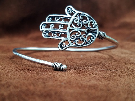 Simple Silver Hamsa Adjustable Bangle Bracelet - … - image 1