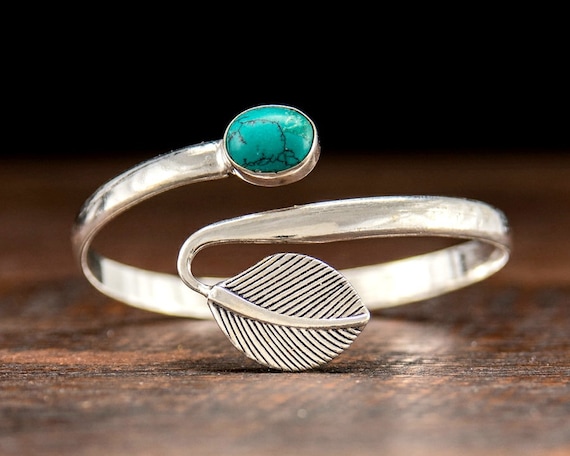 Turquoise Silver Leaf Bangle Bracelet - image 1