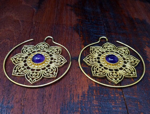Gold Amethyst Threader Gauge Lotus Earrings - image 3