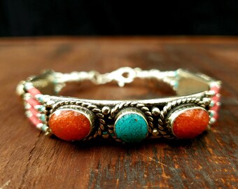 Ganesh Tibetan Vintage Coral & Turquoise Black Onyx Tribal Bead Strand Bracelet