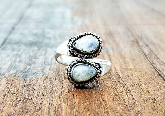 Adjustable Silver Moonstone Teardrop Ring - image 1