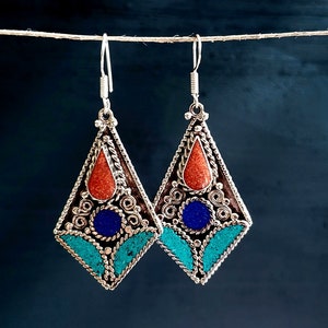 Ethnic Tibetan Turquoise Mosaic Diamond Earrings.