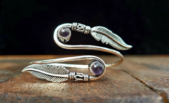 Silver Amethyst Feather Bracelet Adjustable Triba… - image 1