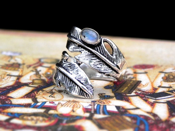 Moonstone Silver Feather Ring Bohemian Gemstone B… - image 2