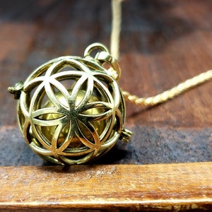 Large Gold Flower of Life Seed of Life Harmony Bell Cage Pendant
