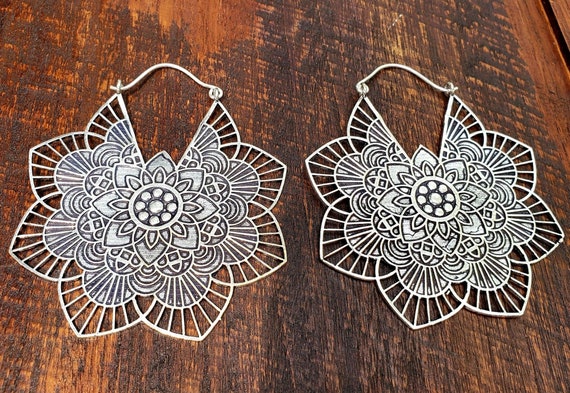 Large Silver Lotus Mandala Earrings - image 3