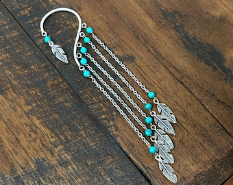 Silver Chain Ear Cuff with Turquoise Beads and Feather Charms