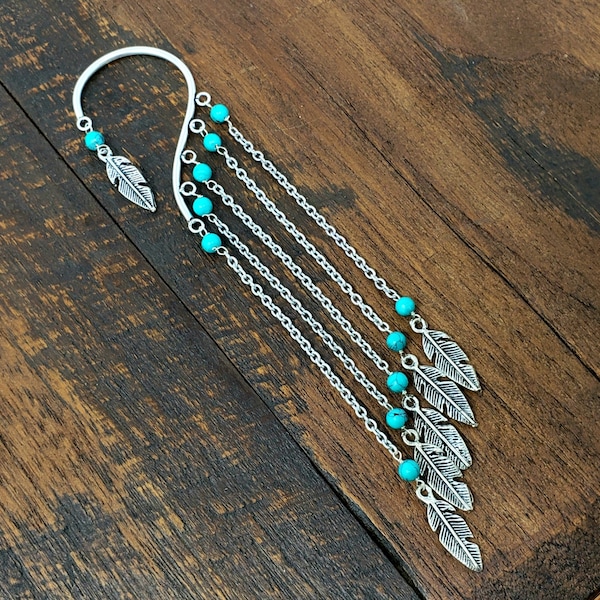 Silver Chain Ear Cuff with Turquoise Beads and Feather Charms