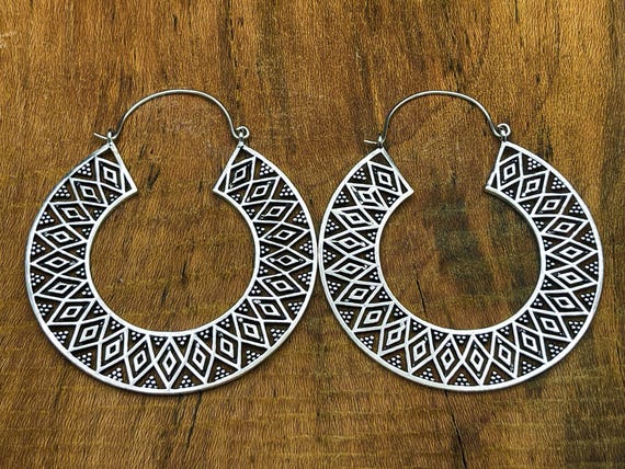 Silver Geometric Diamond Hoops • Patterned Statem… - image 2