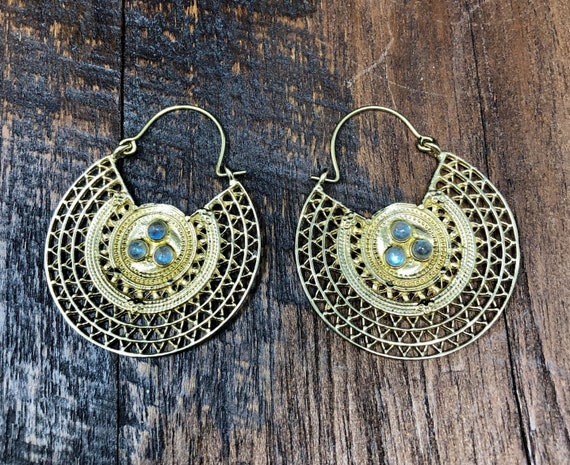 5202 Blue Yellow and Gray Mouse and Flower Boho Earrings