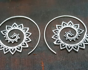 Silver Mandala Earrings: Spiral Boho Jewelry, Tribal Style