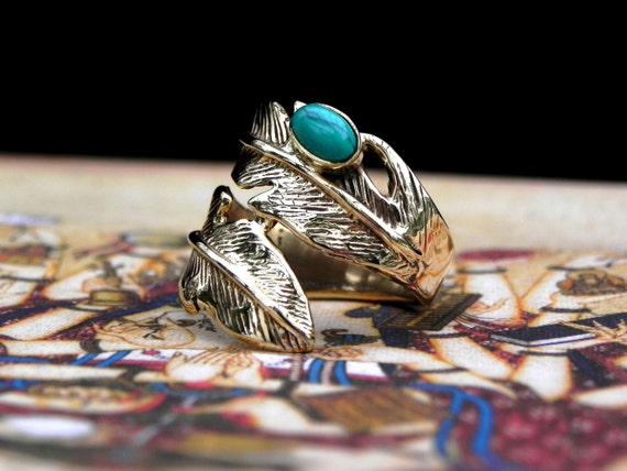 Turquoise Gold Feather Ring Bohemian Gypsy Jewelry - image 1