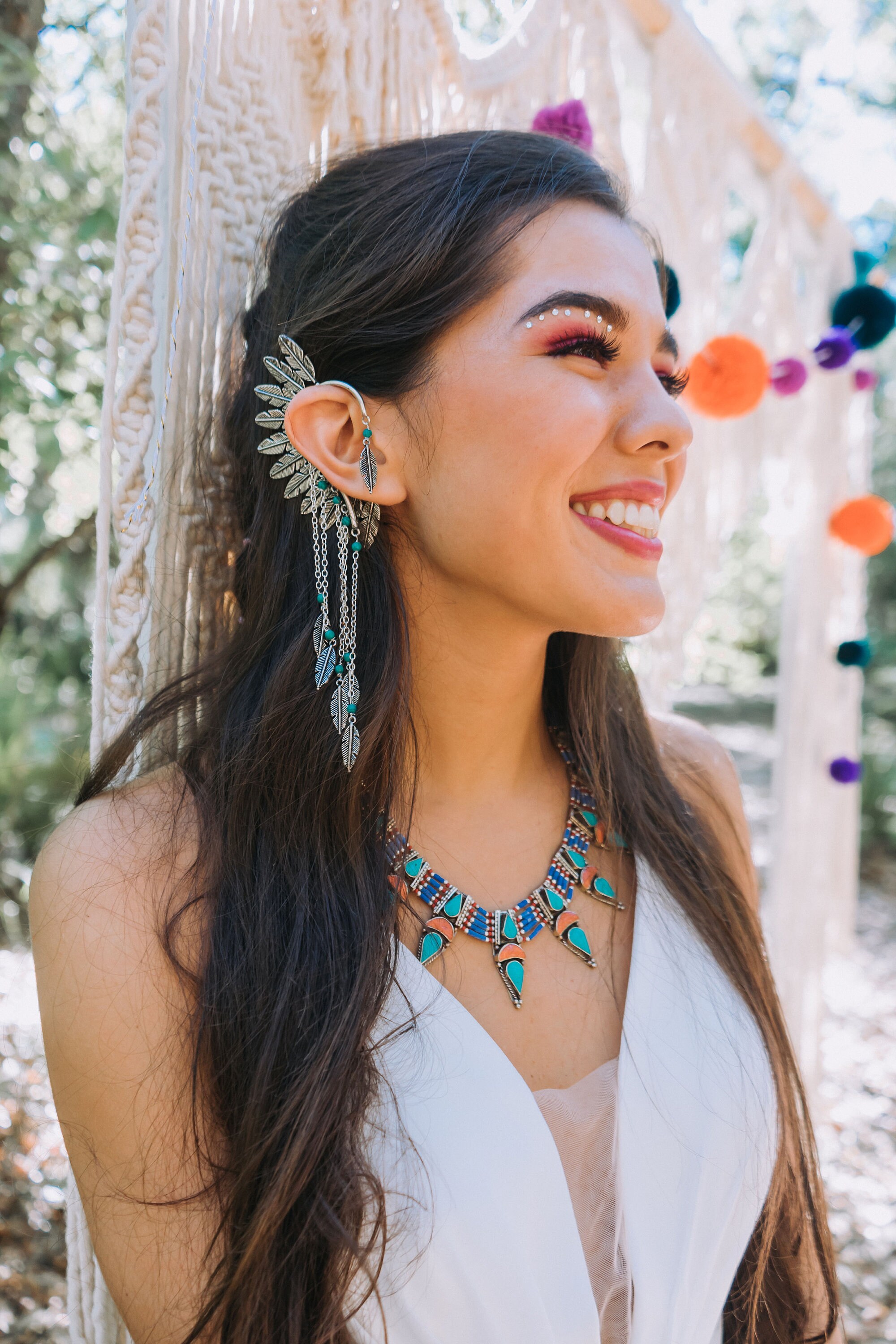 Silver Chain Ear Cuff With Turquoise Beads and Feather