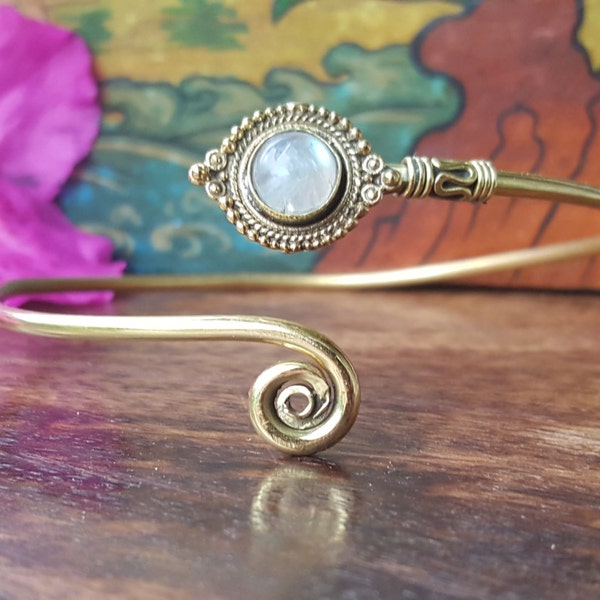 Moonstone Arm Cuff Gold Brass Swirl Tribal Gypsy Festival Boho Jewelry