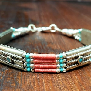 Simple Red Tibetan Beaded Coral Bracelet with Turquoise