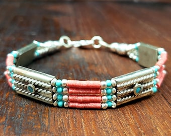 Simple Red Tibetan Beaded Coral Bracelet with Turquoise