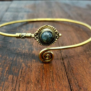 Labradorite Arm Cuff Gold Brass Swirl Boho Jewelry