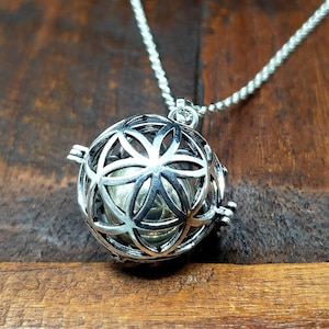 Large Silver Flower of Life Seed of Life Harmony Bell Cage Pendant