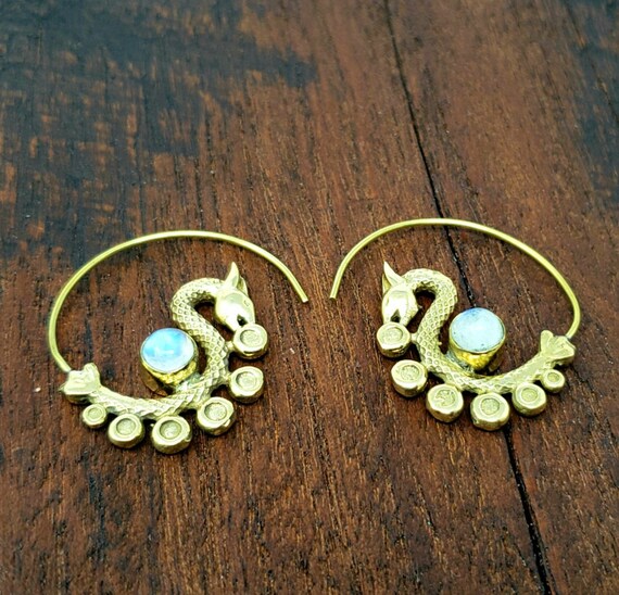 Gold Moonstone Dancing Dragon Threader Earrings - image 2