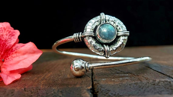 Silver labadorite Shield Adjustable Bangle Bracel… - image 2
