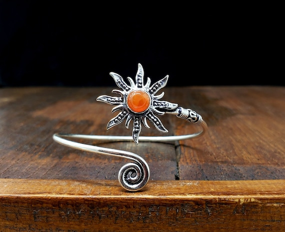 Carnelian Sun Adjustable Silver Bangle Bracelet -… - image 1