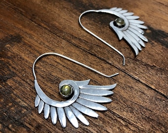 Labradorite Silver Wing Feather Earrings - Bohemian Brass Jewelry