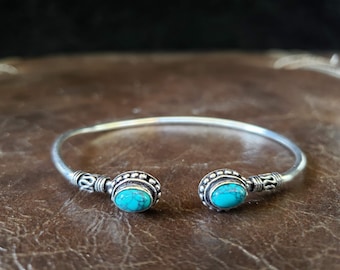 Simple Silver Turquoise Bangle Bracelet - Tribal Gemstone Crystal Festival Boho Jewelry