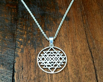 Small Sri Yantra Silver Pendant Sacred Geometry Necklace