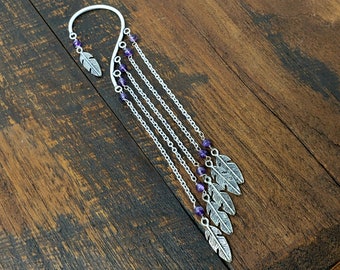 Silver Chain Ear Cuff with Amethyst and Feather Charms