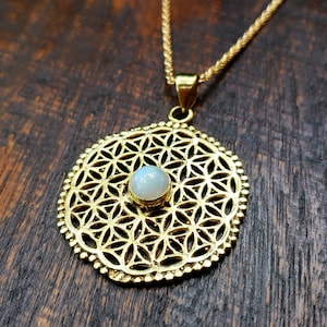 Gold Moonstone Flower of Life Sacred Geometry Pendant Necklace