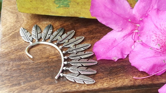 Feather Ear Cuff Tribal Silver Boho Festival Earring Jewelry