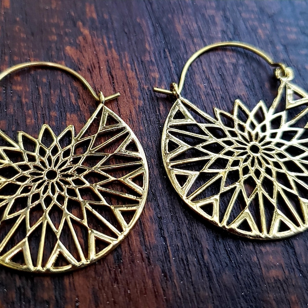 Large Gold Sacred Geometry Galactic Starburst Earrings, Primitive style yoga Jewelry for women, Bohemian stylish boho gift for her