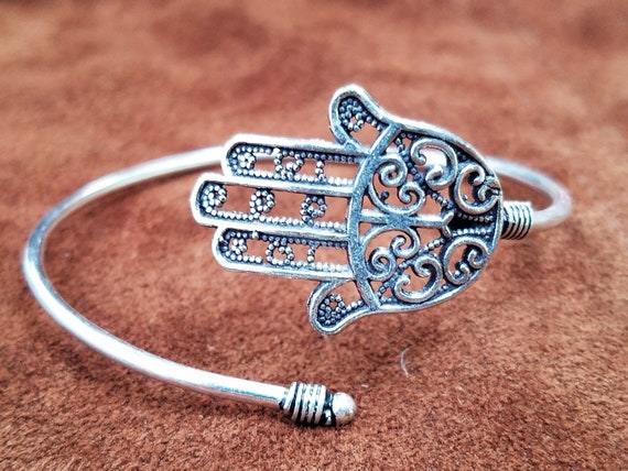 Simple Silver Hamsa Adjustable Bangle Bracelet - … - image 2