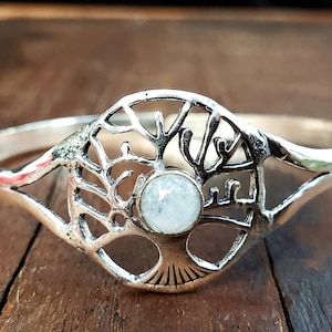 Argento Arcobaleno Moonstone Albero della Vita Regolabile Bracciale Bangle
