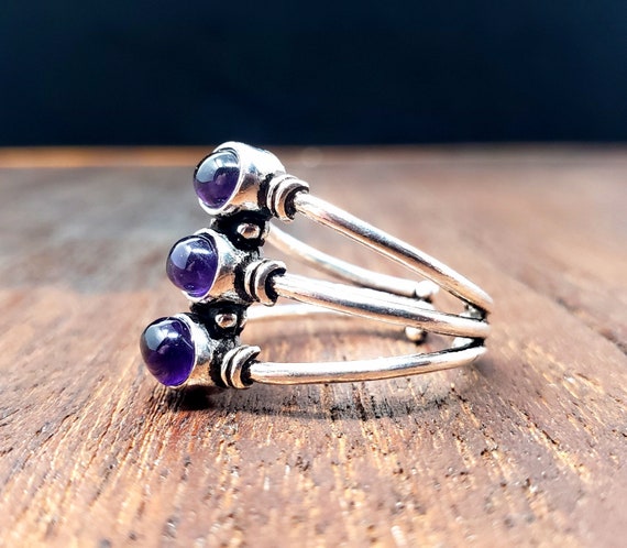 Silver Amethyst Trinity Ring  Bohemian Gypsy Jewelry