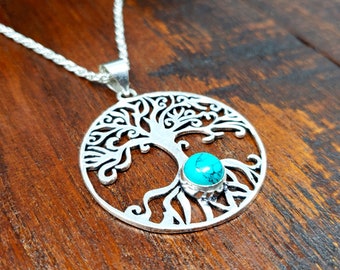 Zilveren Turquoise Levensboom Heilige Geometrie Hanger Ketting