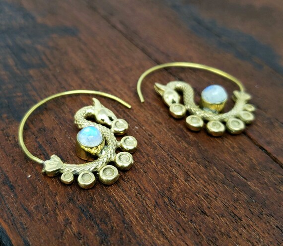 Gold Moonstone Dancing Dragon Threader Earrings - image 3