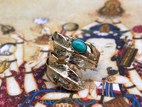 Turquoise Gold Feather Ring Bohemian Gypsy Jewelry - image 4