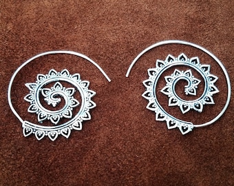 Silver Mandala Spiral Dangle Earrings, Boho Tribal Jewelry